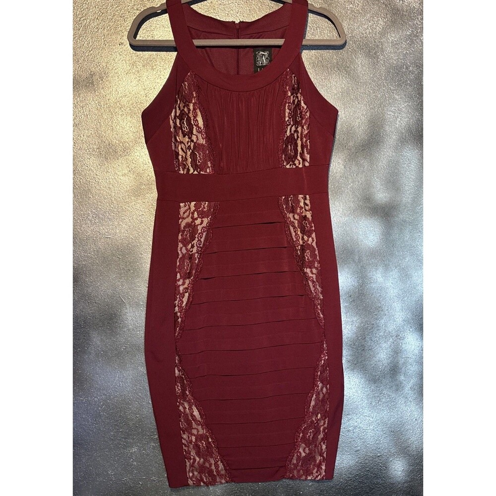 JAX Burgundy Bodycon Cocktail Dress Sz 8 Lace Nude Date Night Party Formal Event